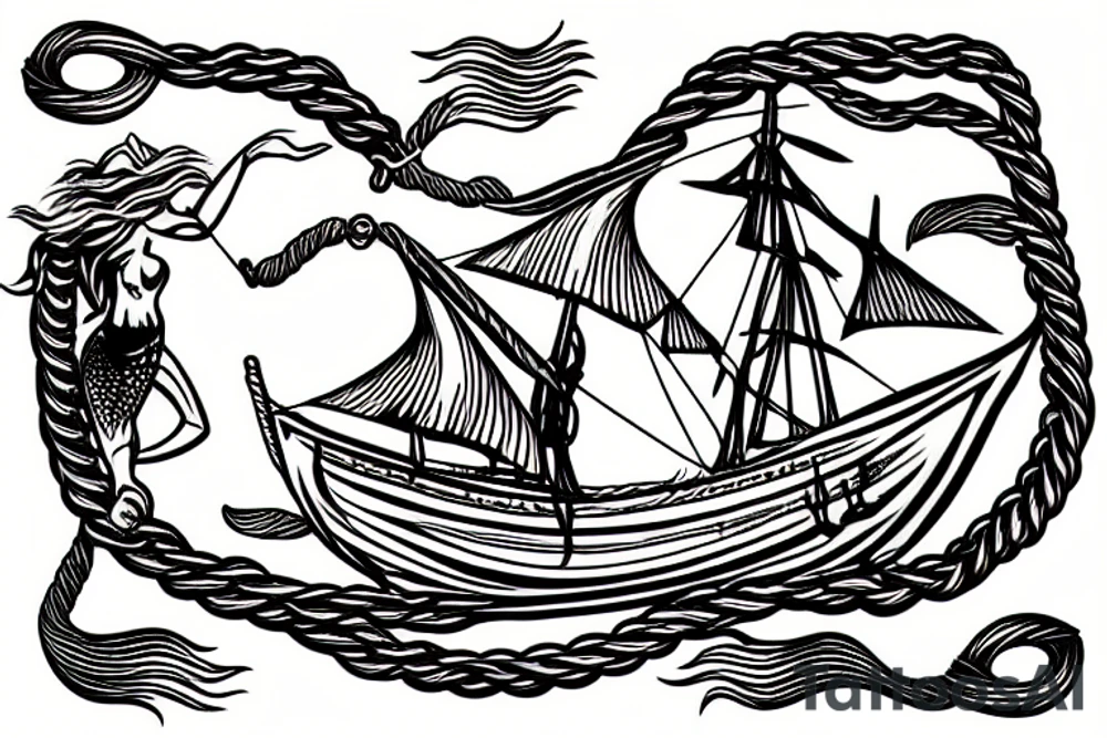 old sailing ship with rope boarder and a mermaid in it tattoo idea