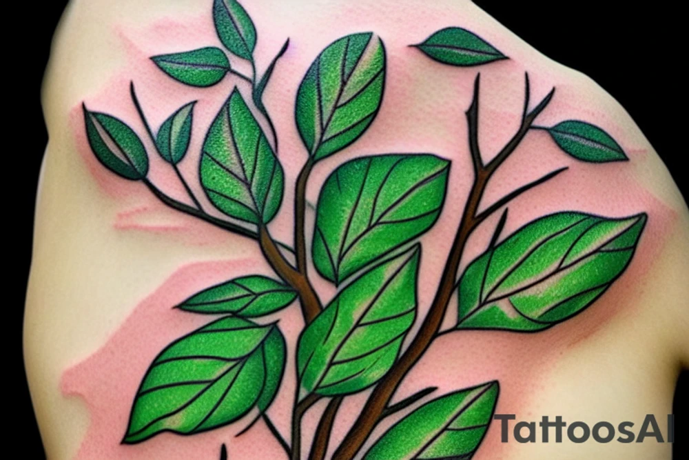 a twig with green leaves. Peaceful, calm. tattoo idea