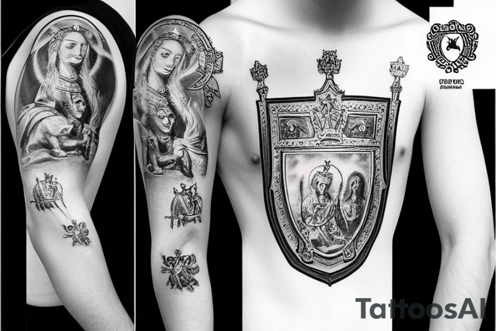 Croatian shield with a King on a horse and the virgin Mary in the clouds tattoo idea