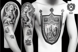 Croatian shield with a King on a horse and the virgin Mary in the clouds tattoo idea
