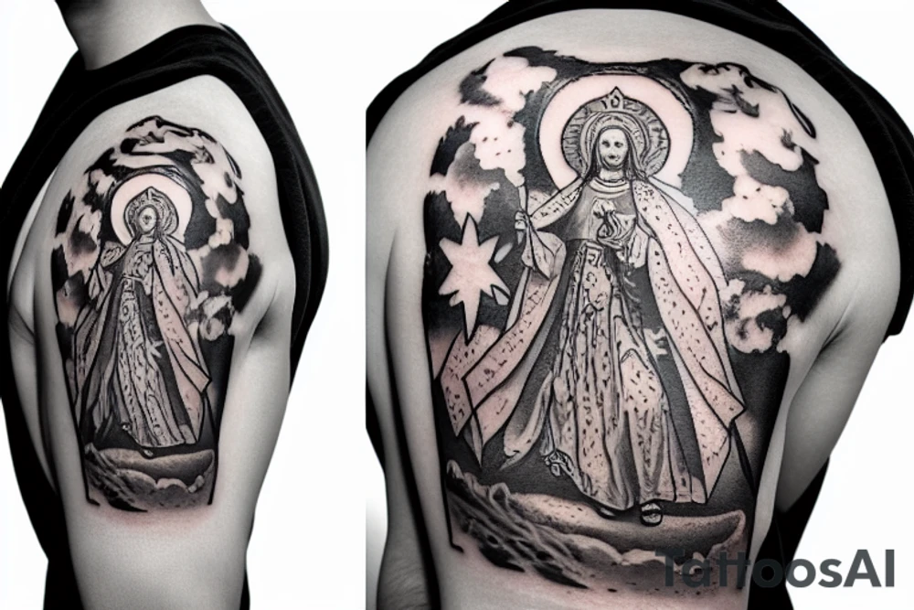 Croatian shield with a King on a horse and the virgin Mary in the clouds tattoo idea