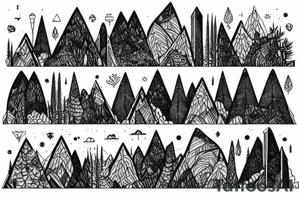 a cityscape that fades into a forest with mountains tattoo idea