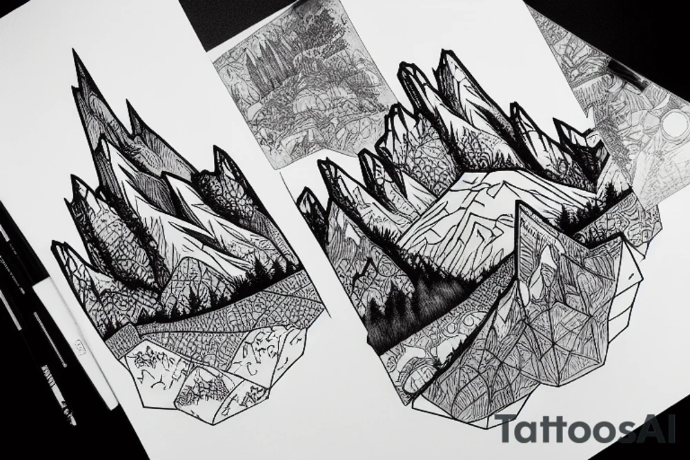 a cityscape that fades into a forest with mountains tattoo idea