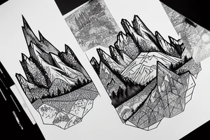 a cityscape that fades into a forest with mountains tattoo idea