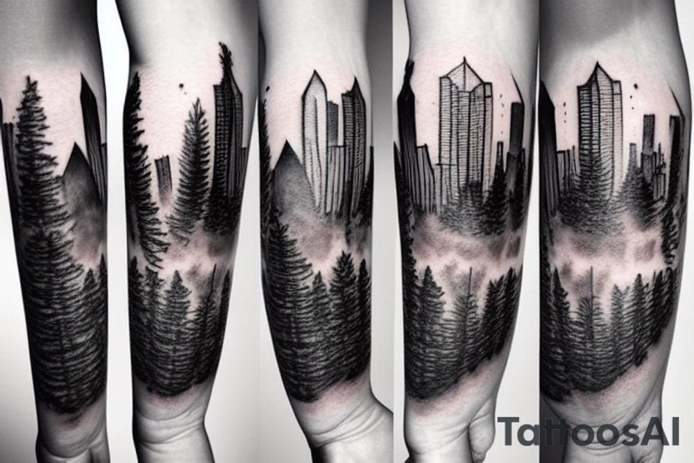 montreal skyline that fades into a forest with mountains tattoo idea