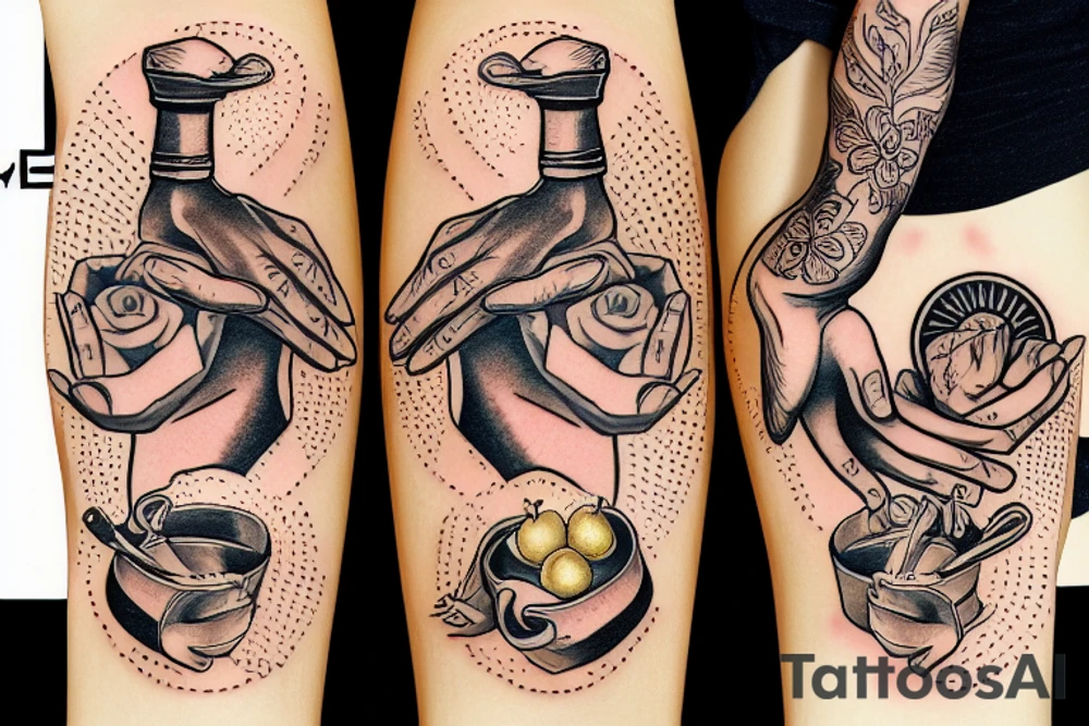 pair of hands holding three golden apples tattoo idea
