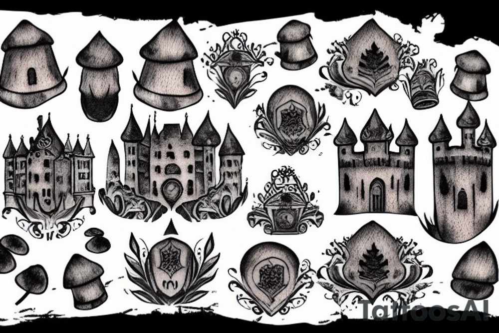 castle on black mushroom tattoo idea