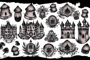 castle on black mushroom tattoo idea
