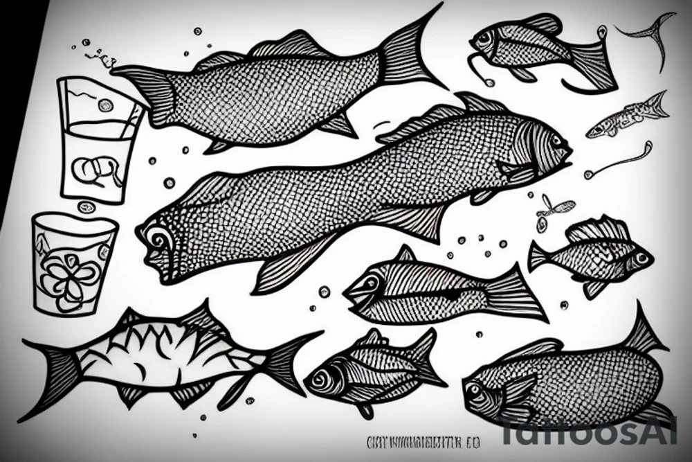 fish drinking martini tattoo idea