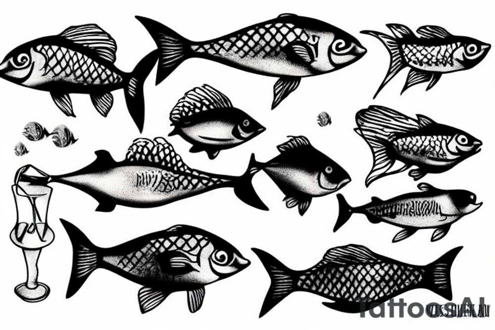 fish drinking martini tattoo idea