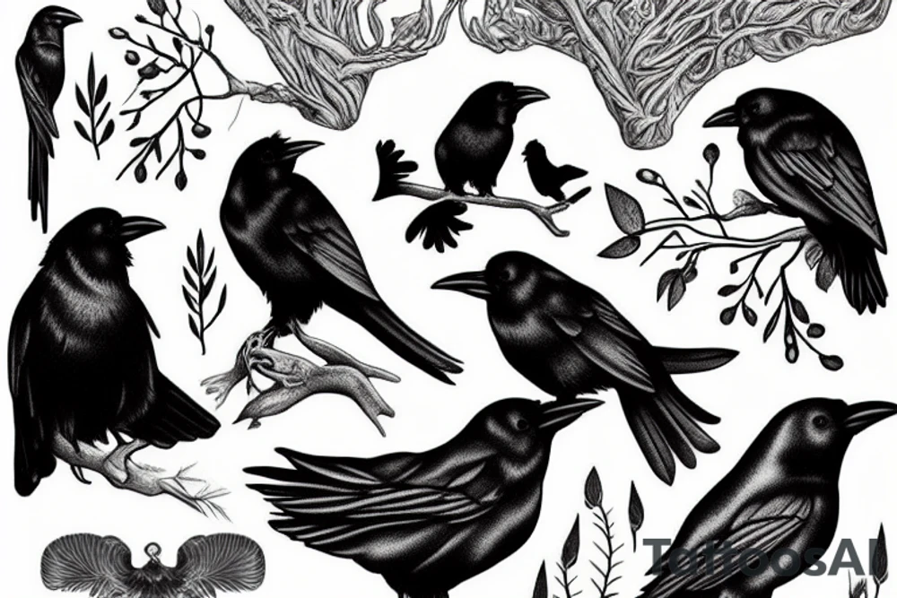 an ash tree wirh menora and raven tattoo idea