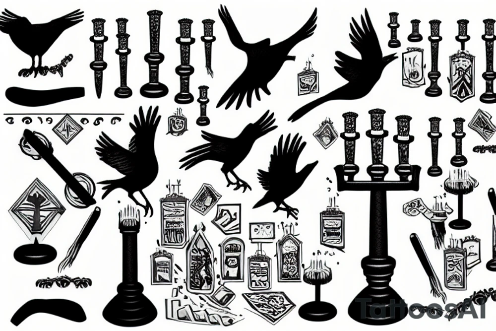 an ash tree wirh menorah and raven tattoo idea
