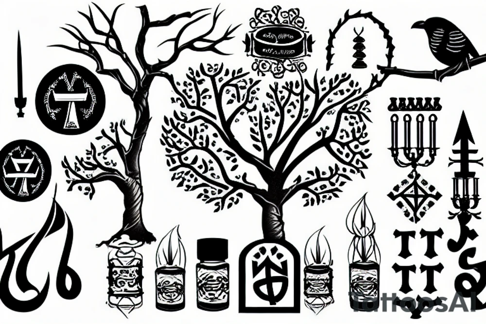 an ash tree with menorah and raven tattoo idea