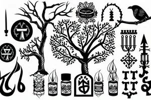 an ash tree with menorah and raven tattoo idea
