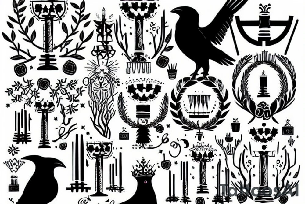 an ash tree with menorah crown 
and raven tattoo idea