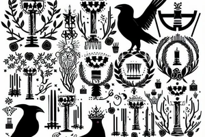 an ash tree with menorah crown 
and raven tattoo idea