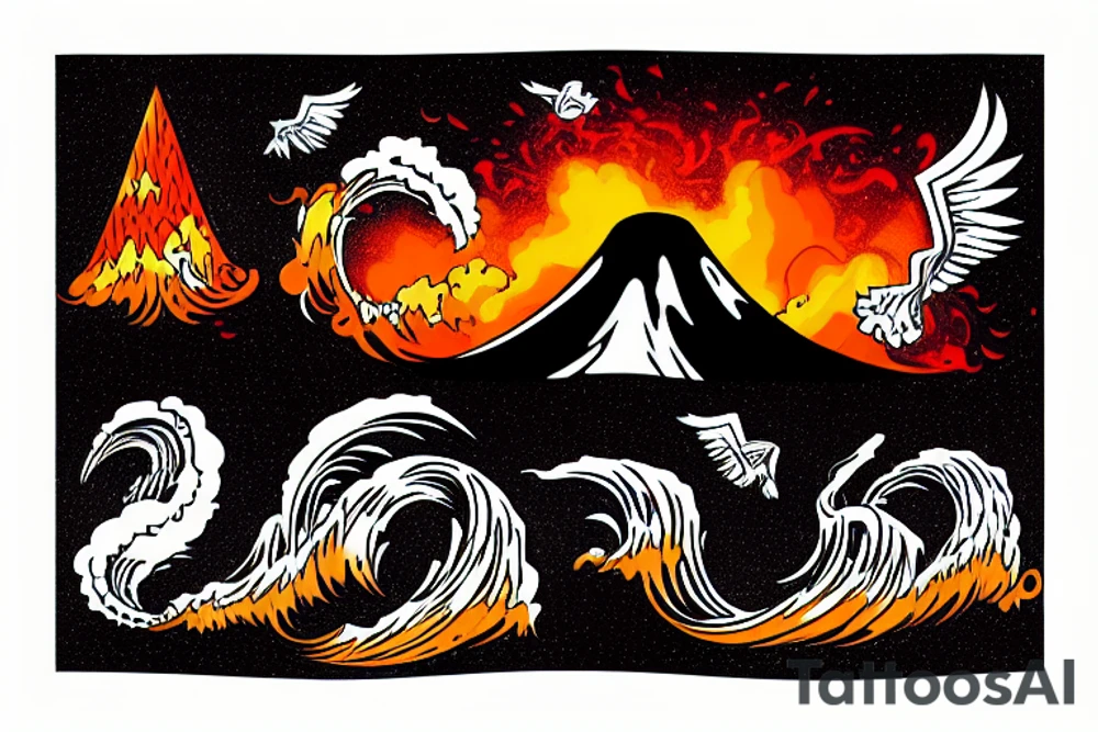 waves smashing a volcano with winged skulls flying around with a sunset background in the middle of the ocean tattoo idea