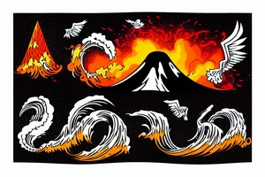 waves smashing a volcano with winged skulls flying around with a sunset background in the middle of the ocean tattoo idea