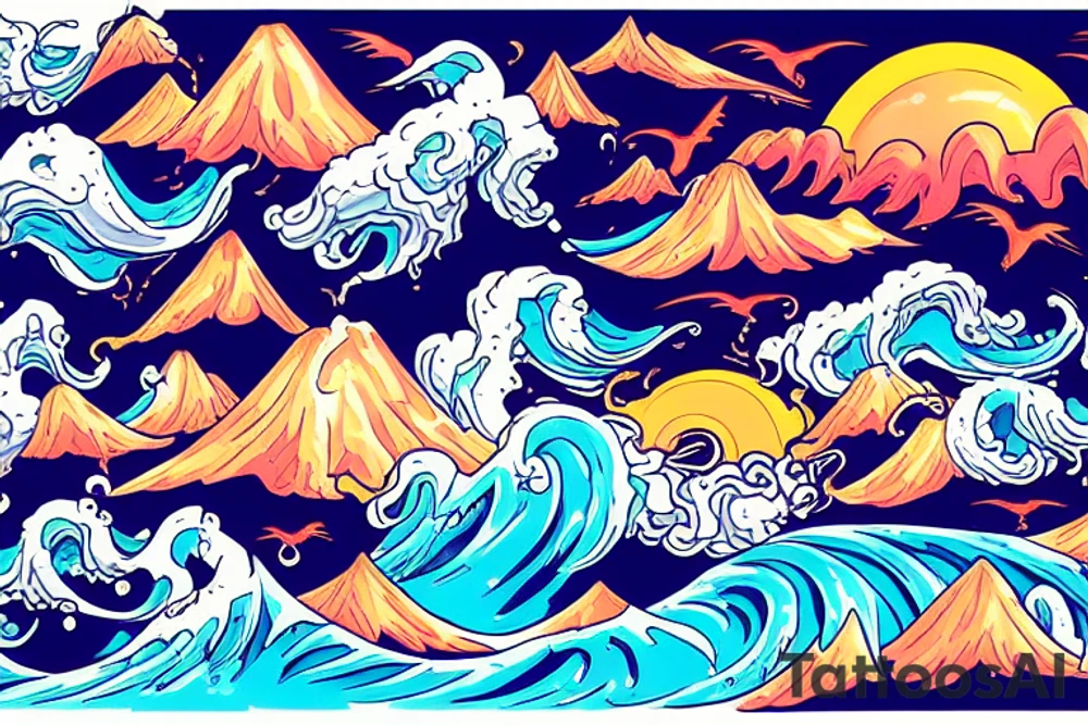 waves smashing a volcano with winged skulls flying around with a sunset background in the middle of the ocean tattoo idea