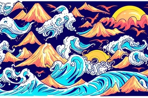 waves smashing a volcano with winged skulls flying around with a sunset background in the middle of the ocean tattoo idea