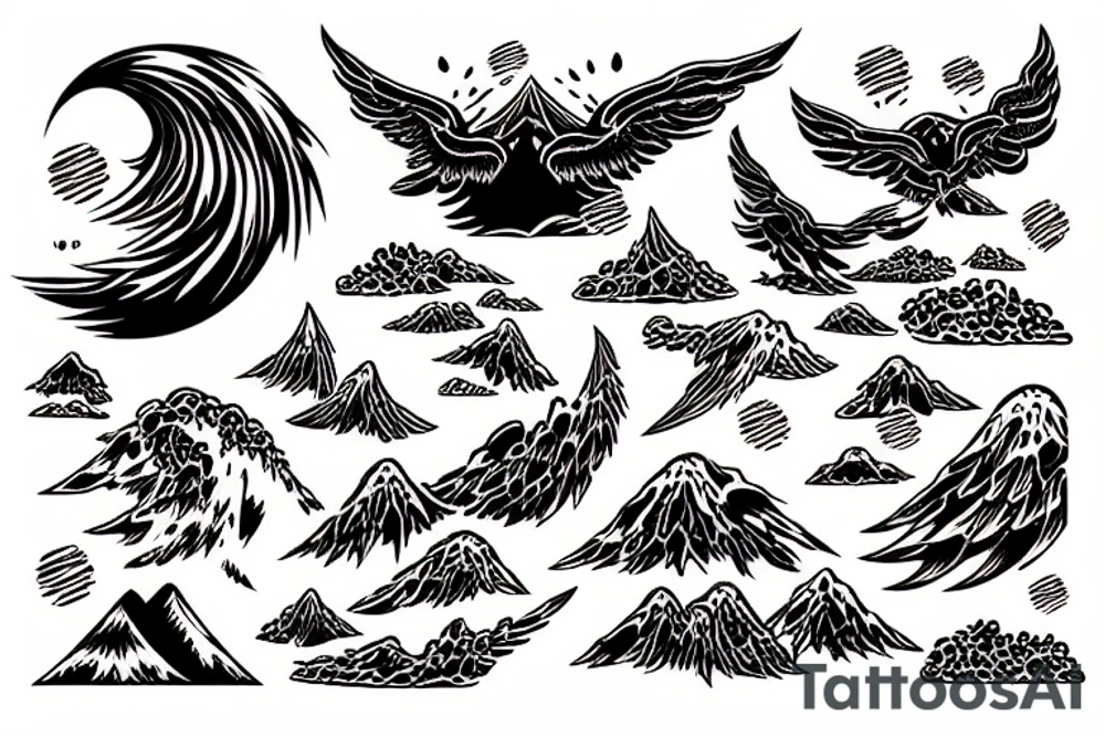 waves smashing a volcano with winged skulls flying around with a sunset background in the middle of the ocean tattoo idea