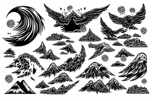 waves smashing a volcano with winged skulls flying around with a sunset background in the middle of the ocean tattoo idea