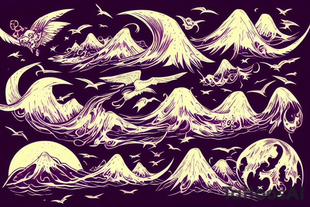 waves smashing a volcano with winged skulls flying around with a sunset background in the middle of the ocean tattoo idea