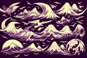 waves smashing a volcano with winged skulls flying around with a sunset background in the middle of the ocean tattoo idea