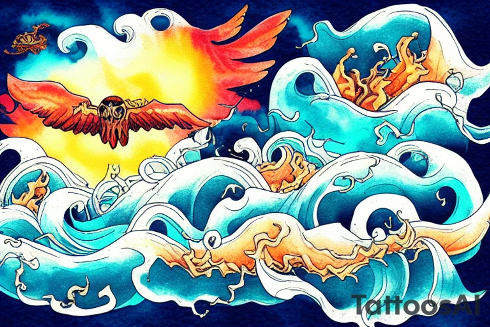waves smashing a volcano with winged skulls flying around with a sunset background in the middle of the ocean tattoo idea