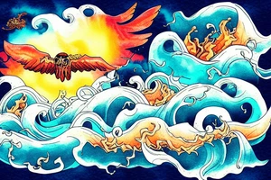 waves smashing a volcano with winged skulls flying around with a sunset background in the middle of the ocean tattoo idea