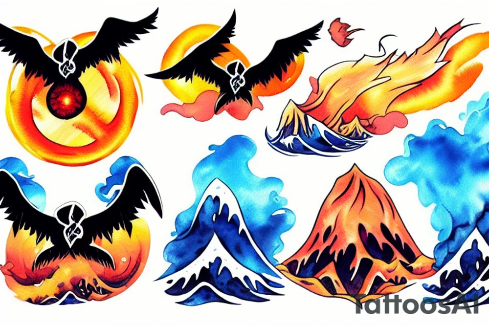 waves smashing a volcano with winged skulls flying around with a sunset background in the middle of the ocean tattoo idea