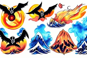waves smashing a volcano with winged skulls flying around with a sunset background in the middle of the ocean tattoo idea