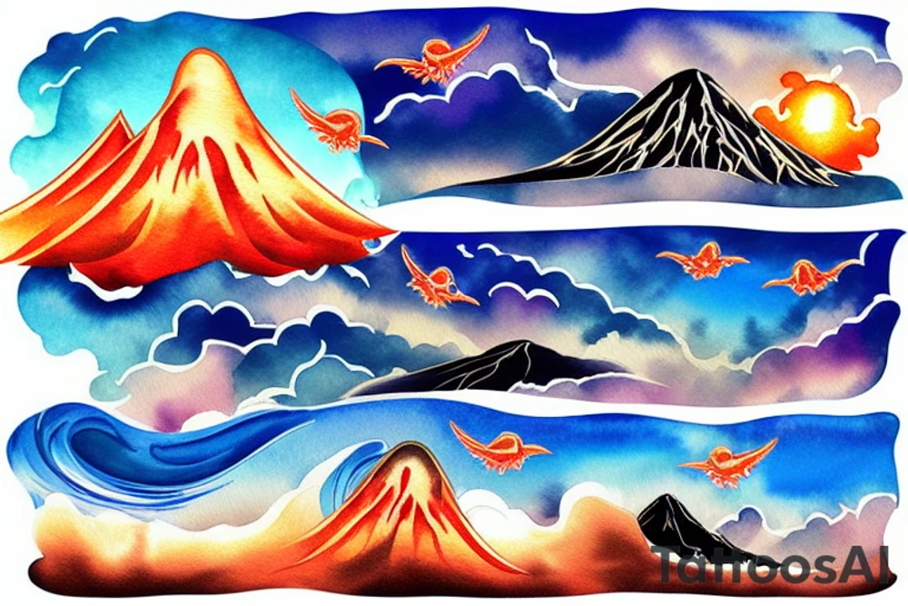 waves smashing a volcano with winged skulls flying around with a sunset background in the middle of the ocean tattoo idea