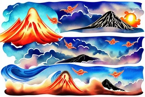 waves smashing a volcano with winged skulls flying around with a sunset background in the middle of the ocean tattoo idea