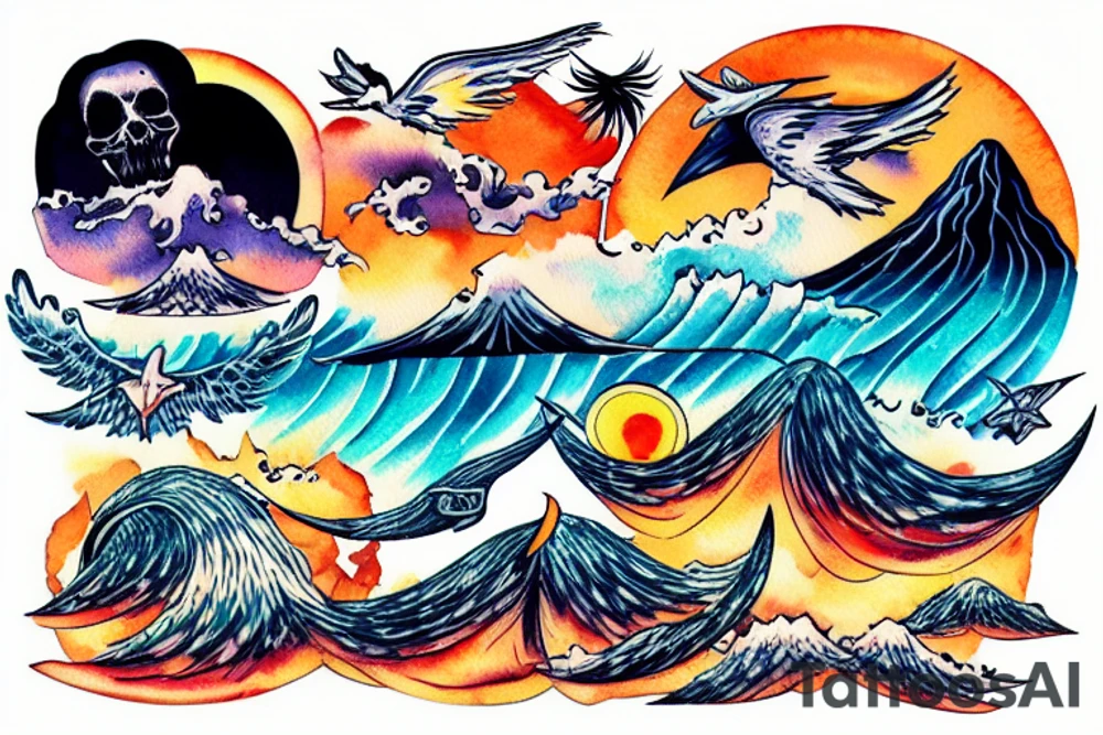 waves smashing a volcano with winged skulls flying around with a sunset background in the middle of the ocean tattoo idea
