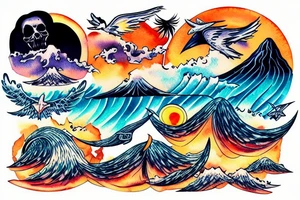 waves smashing a volcano with winged skulls flying around with a sunset background in the middle of the ocean tattoo idea