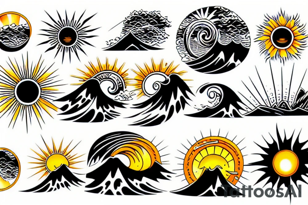 Sunburst with a wave behind it on the shoulder tattoo idea
