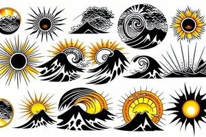 Sunburst with a wave behind it on the shoulder tattoo idea