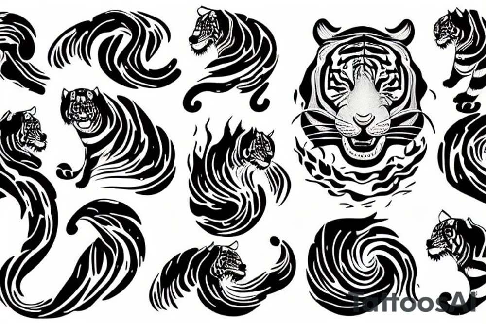 tiger in waves and flames tattoo idea