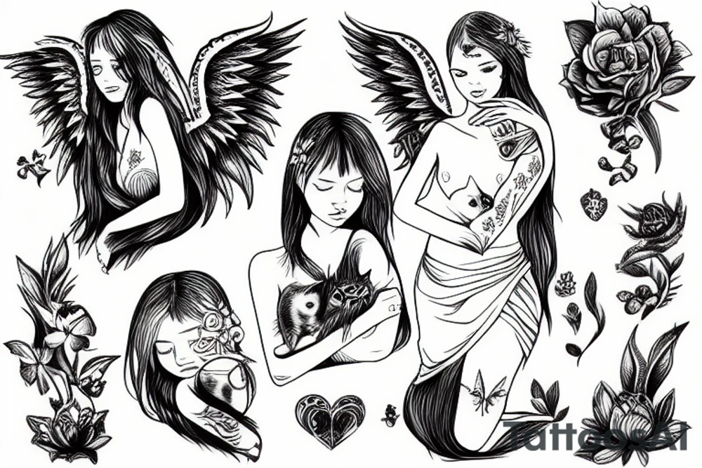 angel holding cat tattoo idea