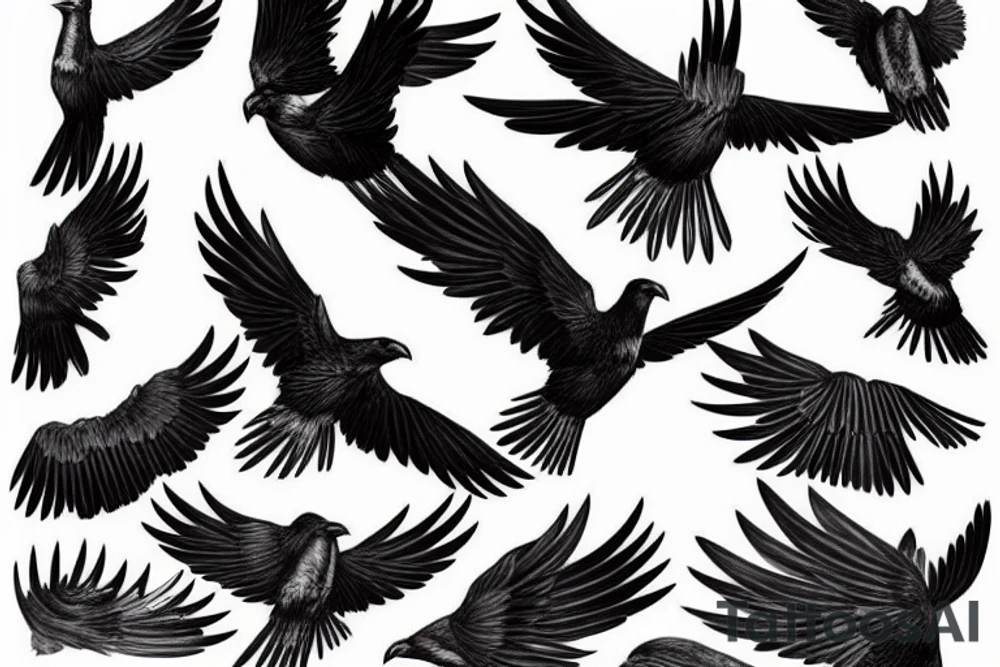alpine chough with wings spread in flight, top view tattoo idea