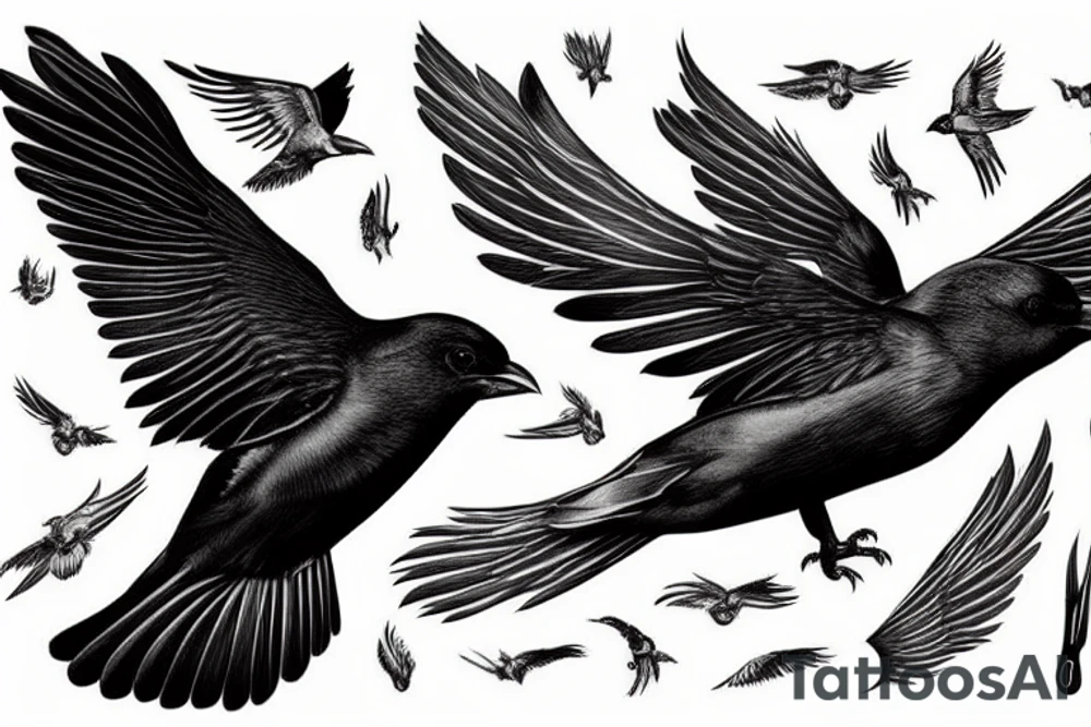alpine chough with wings spread in flight, top view tattoo idea alpine chough with wings spread in flight, top view tattoo idea