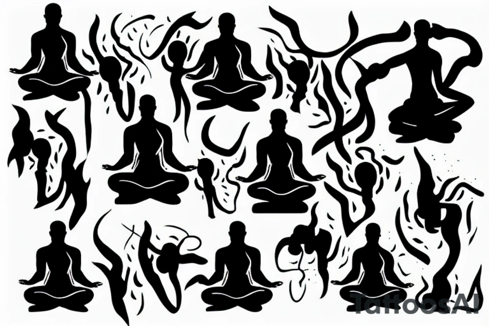 Burning meditating monk silhouette tattoo idea