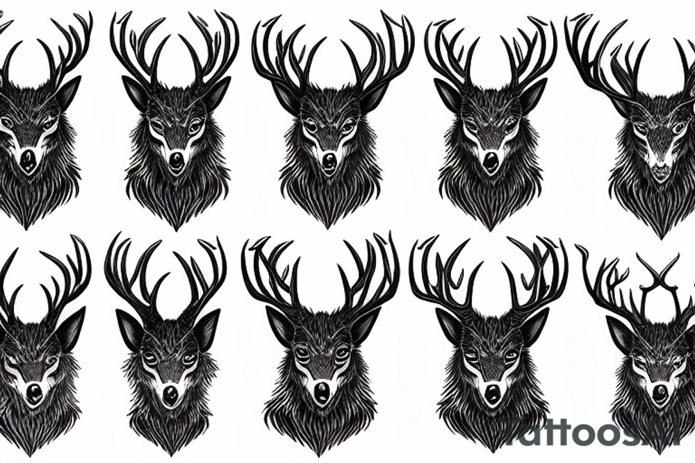 A stag with impressive antlers battles with a snarling wolf tattoo idea