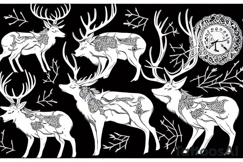 A stag with impressive antlers battles with a snarling wolf tattoo idea