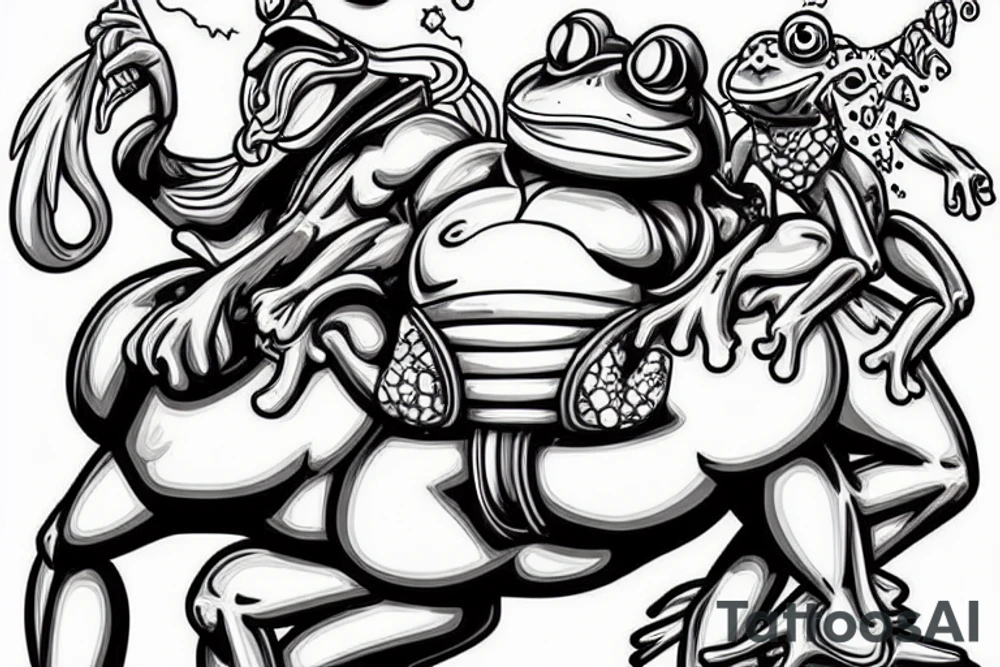 very muscular Anthropomorphic frog riding a horse tattoo idea