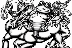 very muscular Anthropomorphic frog riding a horse tattoo idea