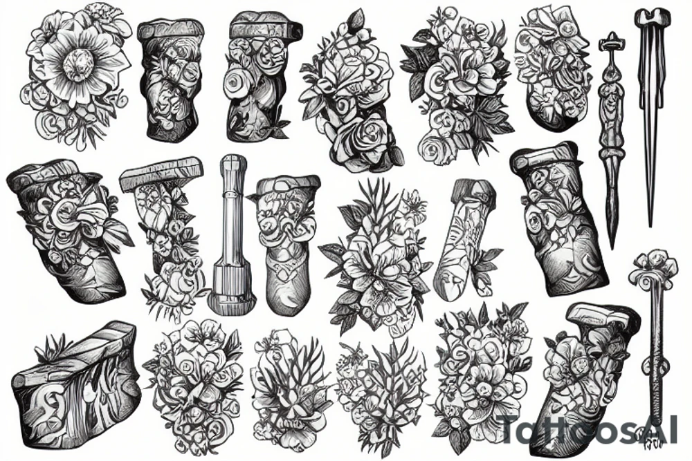 hammer wrapped in flowers tattoo idea