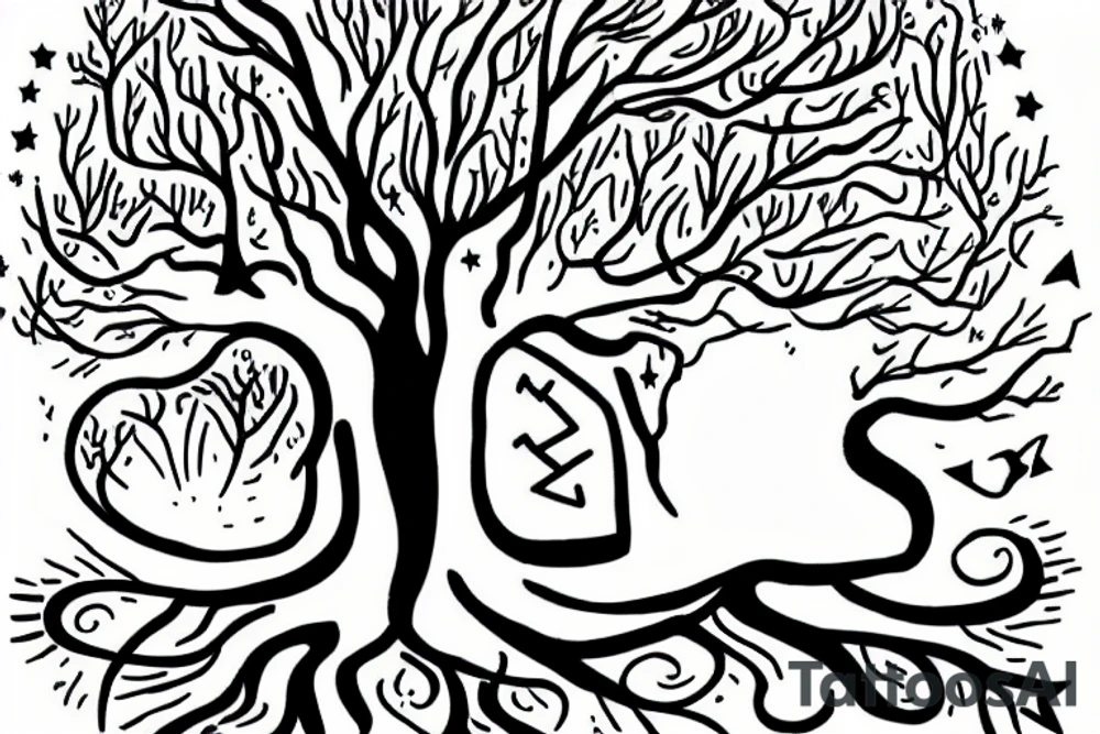 A tree with the trunk having the quote "no all who wander are lost", the roots having a W symbol and a technology symbol, and the branches having a heart and a spark tattoo idea