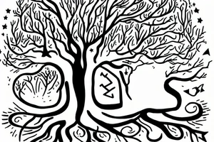 A tree with the trunk having the quote "no all who wander are lost", the roots having a W symbol and a technology symbol, and the branches having a heart and a spark tattoo idea